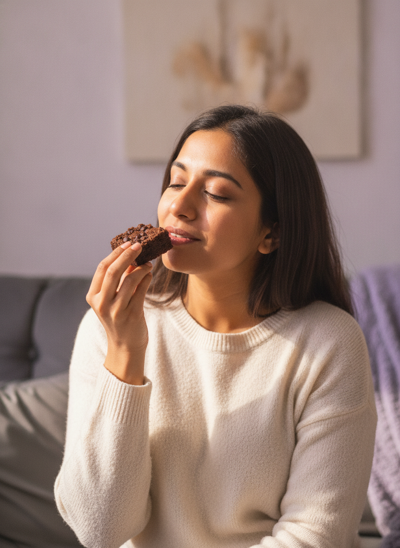 South Asian woman with content expression holding a Crunchy Dark Choco Brownie, sitting on a sofa in natural daylight.