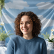 Headshot of a smiling person in their late 20s, with a warm and approachable expression against a soft blue and white backgro