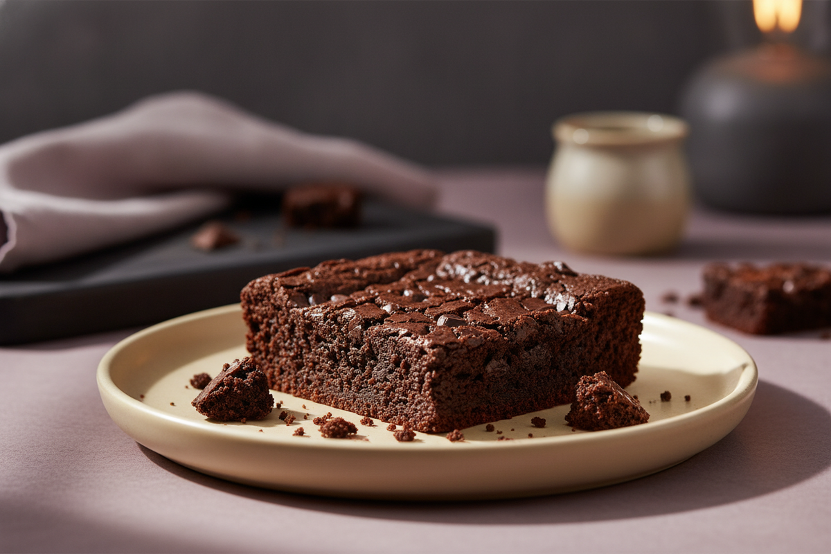 Close-up of a Crunchy Dark Choco Brownie on a warm cream plate, with soft lavender and charcoal background accents.