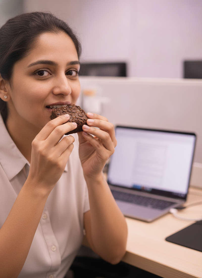 South Asian woman smiling, eating a Crunchy Dark Choco Brownie at an office desk in Bangalore. Her hands hold the brownie, sh