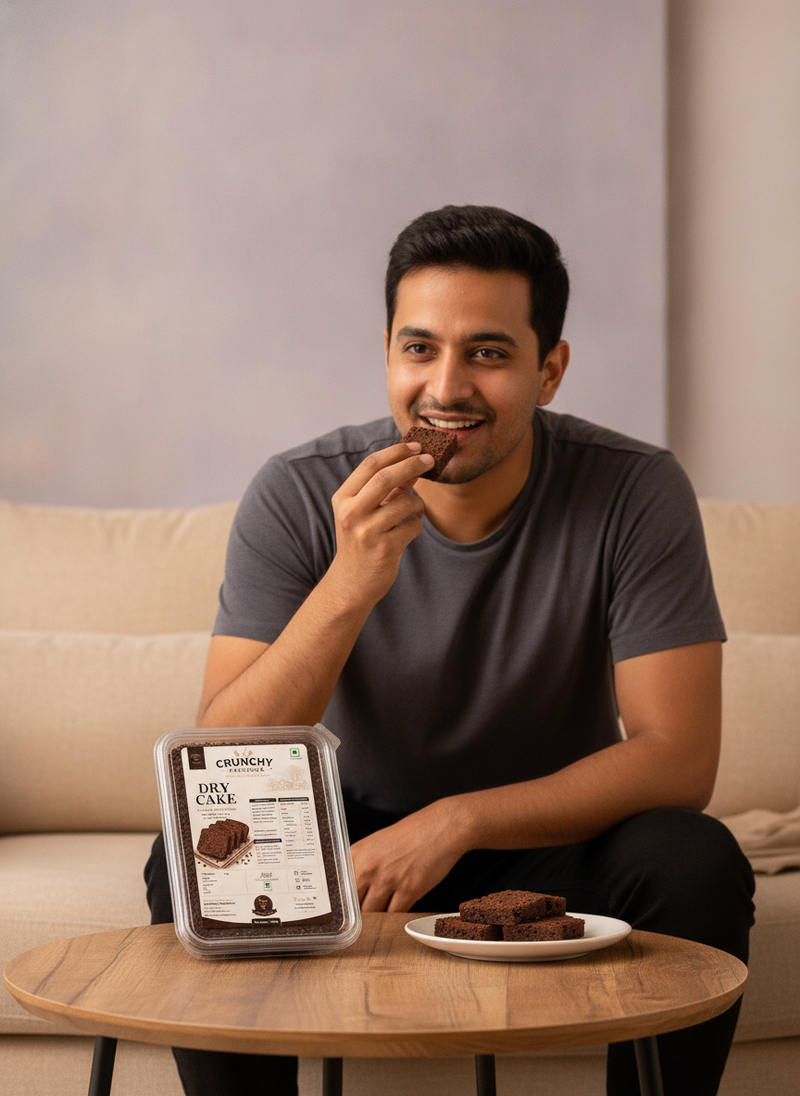 A smiling South Asian man on a sofa holds a piece of dark chocolate brownie to his mouth, with the product packaging visible 